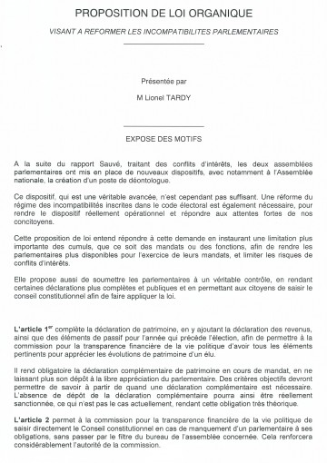 proposition de loi,ppl,cumul,transparence,incompatibilite,lionel tardy